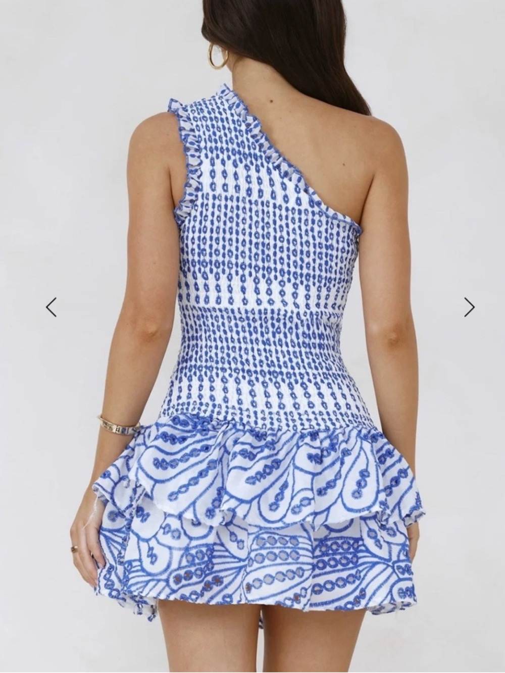 Hello Molly One Shoulder Mini Dress Size XS White Blue Embroidered Ruffle - Picture 3 of 11